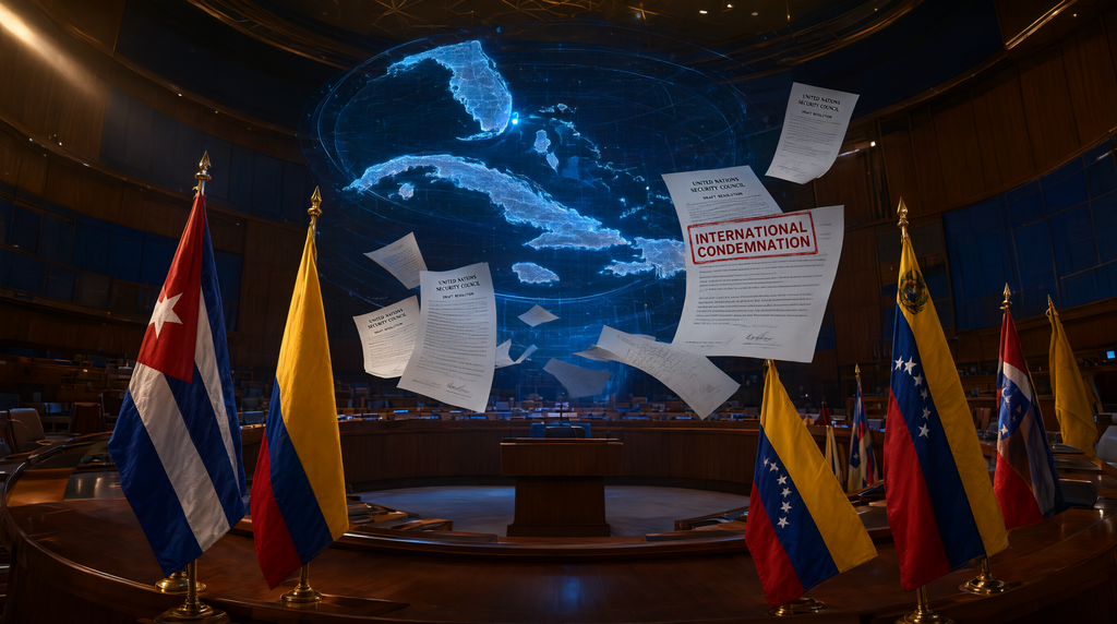 Consejo de Seguridad de la ONU analizando el riesgo de una guerra contra Cuba con mapas de Florida y el Caribe