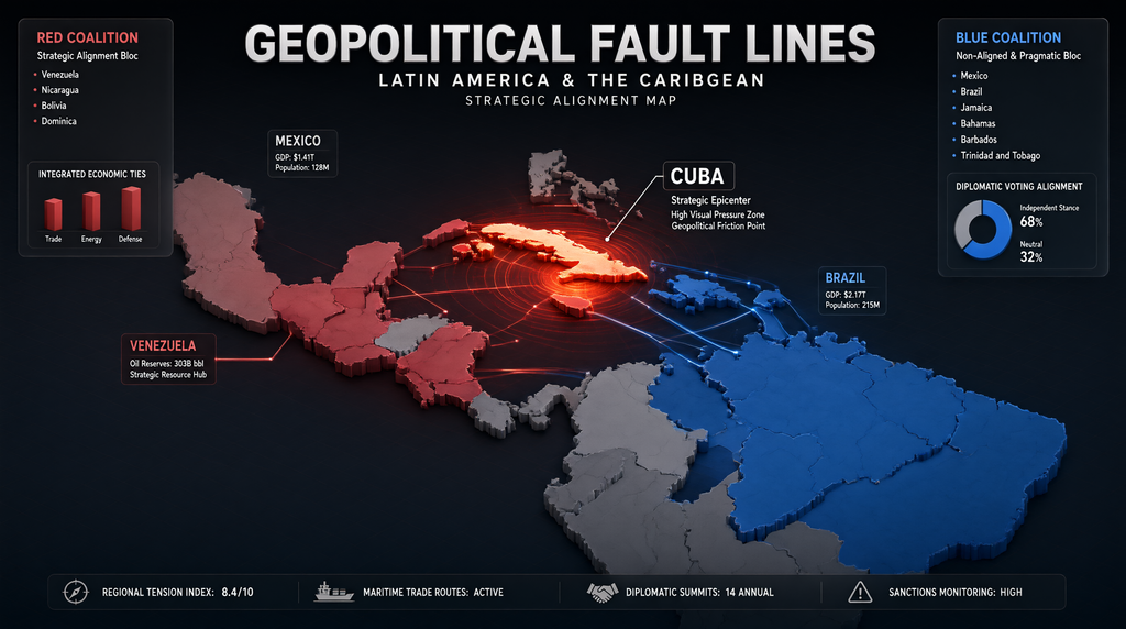 Mapa geopolítico mostrando la fractura de América Latina y el Caribe ante una posible guerra contra Cuba