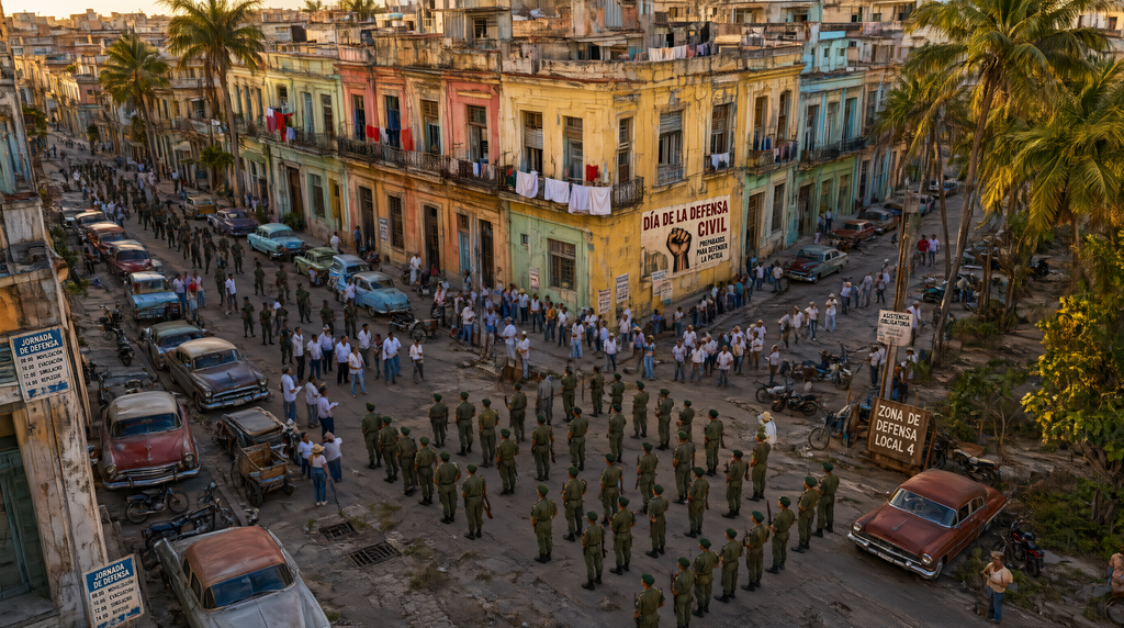 Ejercicio de defensa territorial en La Habana mostrando la preparación civil ante una guerra contra Cuba.
